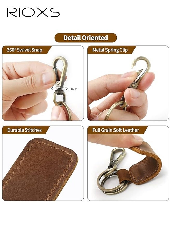 ريوكس سلسلة مفاتيح فاخرة مصنوعة يدويًا من الجلد الأصلي للرجال والنساء، حامل مفاتيح سيارة بمظهر عتيق، مصنوع من جلد البقر عالي الجودة مع قطع معدنية متينة، إكسسوار يومي على الطراز القديم، لون بني - Image 2